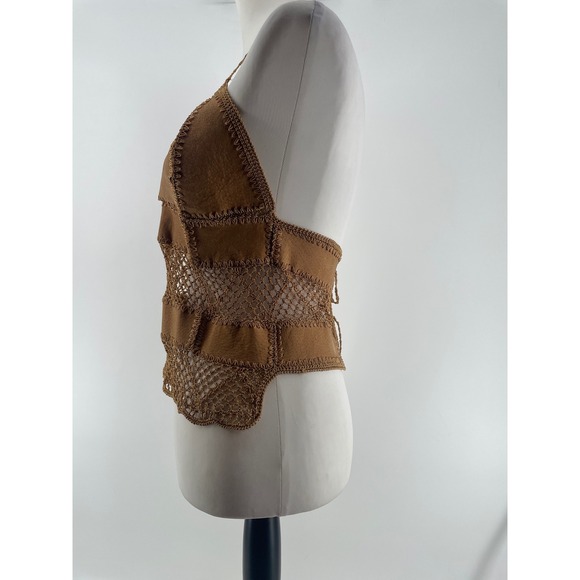 Western Boho Halter Top Womens Medium Tan Leather Crochet Lace Up Back Festival - Picture 3 of 9